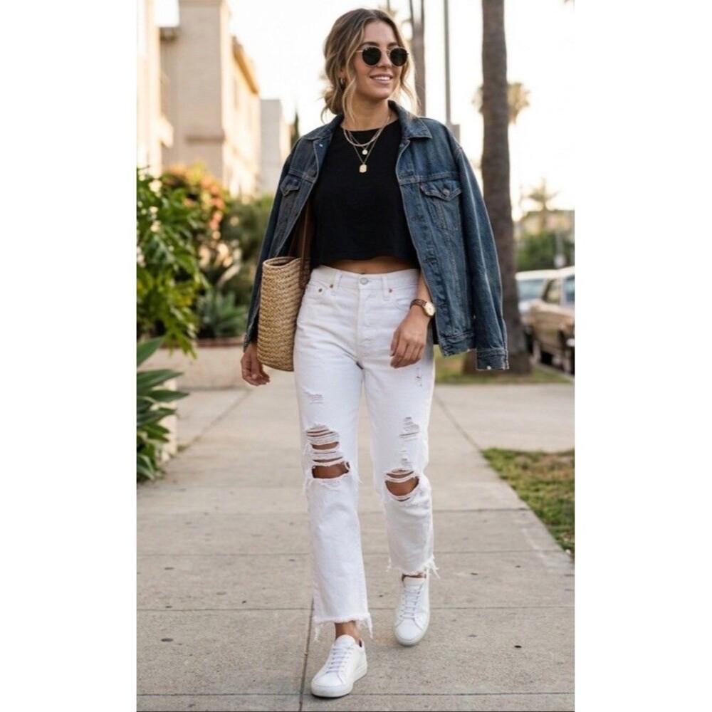 Levi's Premium Wedgie Straight White Distressed Jeans Womens Big E Raw Hem 26